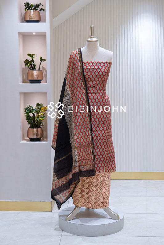 Printed Chanderi Unstitched Salwar Suit Materials Bright Red with Cream BJ1681
