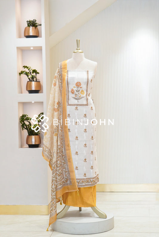 Linen Embroidery Unstitched Salwar Suit Material White with Mustard-Gold BJ1737