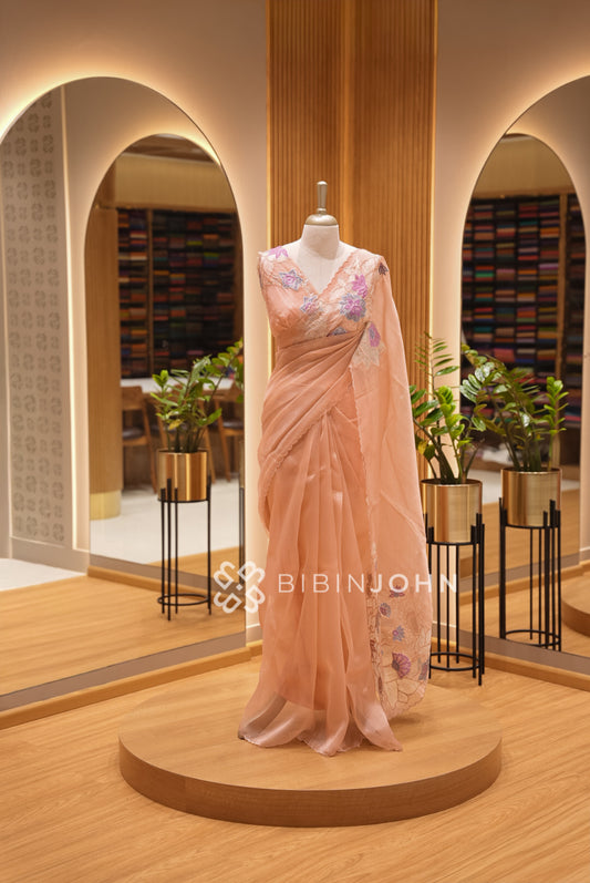 Tissue Organza Embroidery Saree For Women Peach with Purple BJ1774