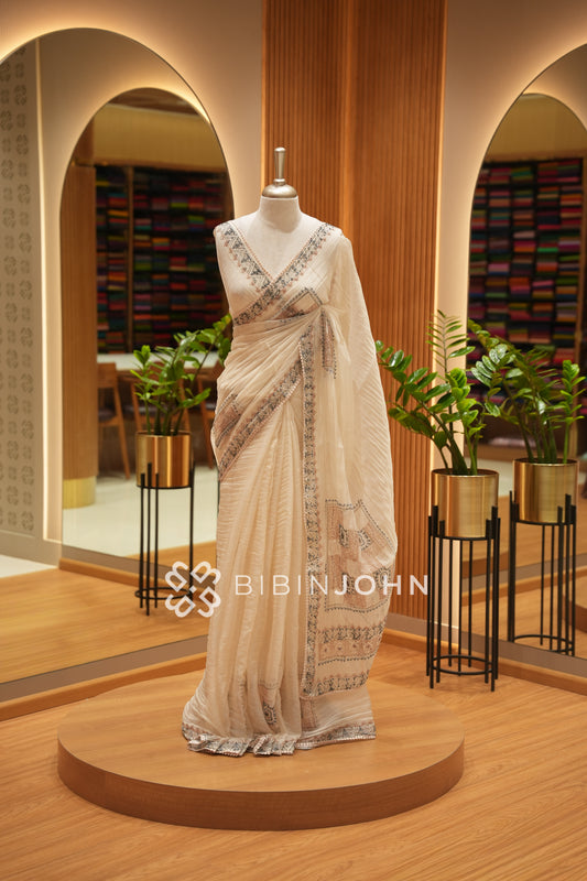 Tissue Embroidery Saree For Women Ivory Cream BJ2098
