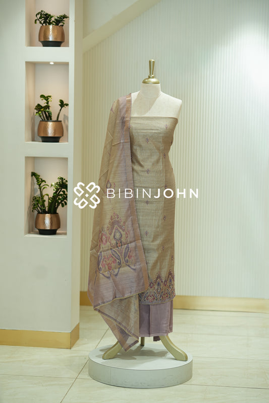 Semi Silk Embroidery Unstitched Salwar Suit Material Taupe Beige BJ2144