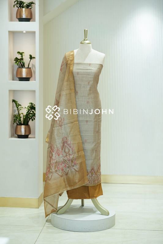 Semi Silk Embroidery Unstitched Salwar Suit Material Light Champagne Gold BJ2146