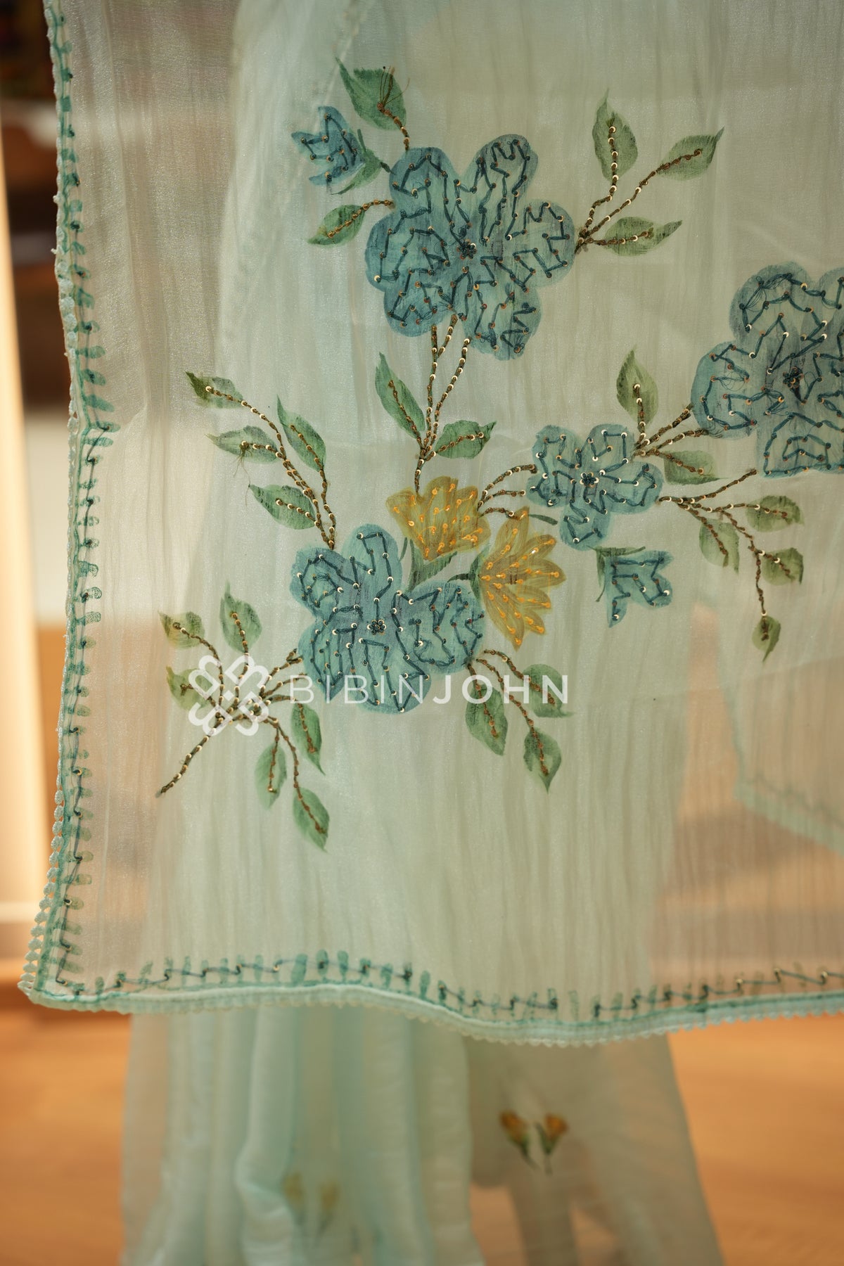 Tissue Embroidery Saree For Women Pastel Mint Green BJ2153