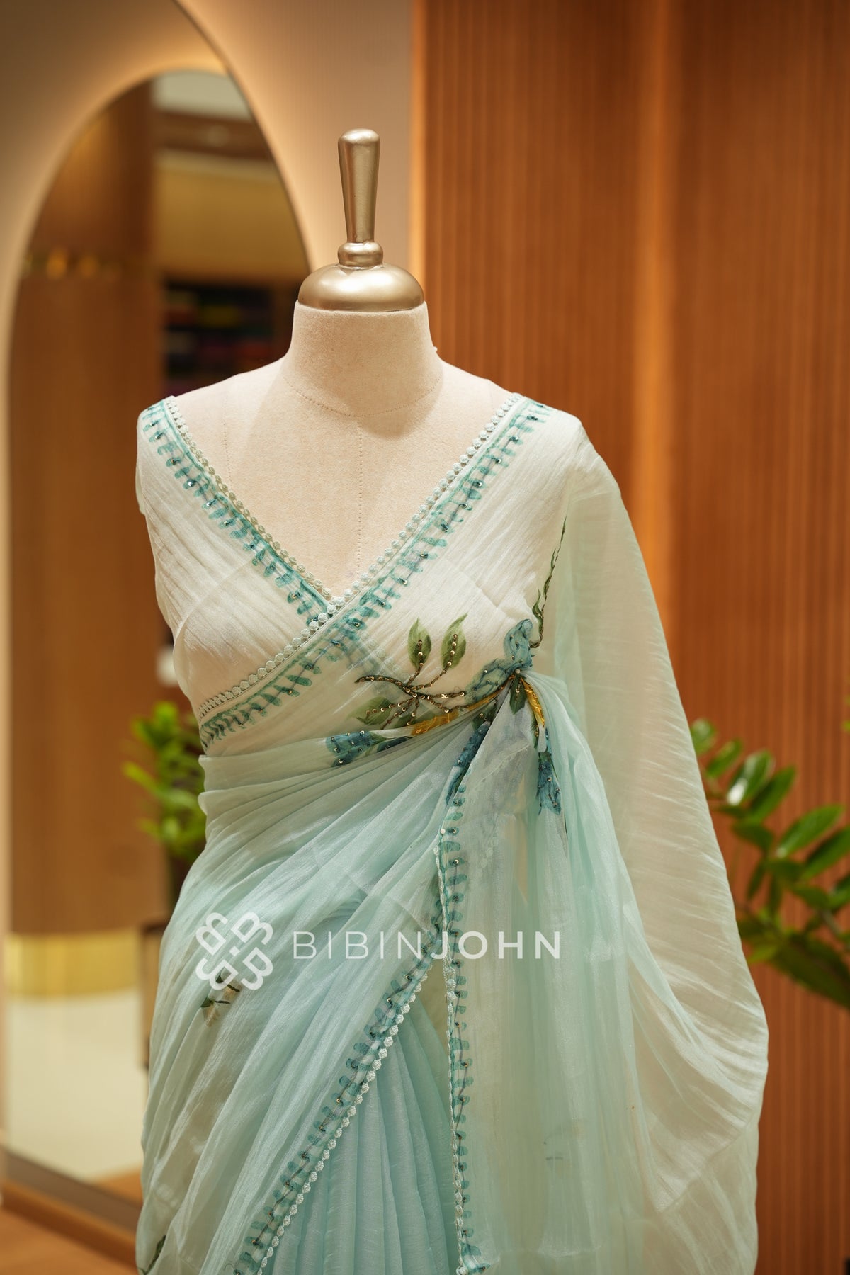 Tissue Embroidery Saree For Women Pastel Mint Green BJ2153