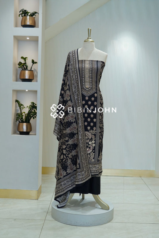 Printed Muslin Unstitched Salwar Suit Material Black BJ2154