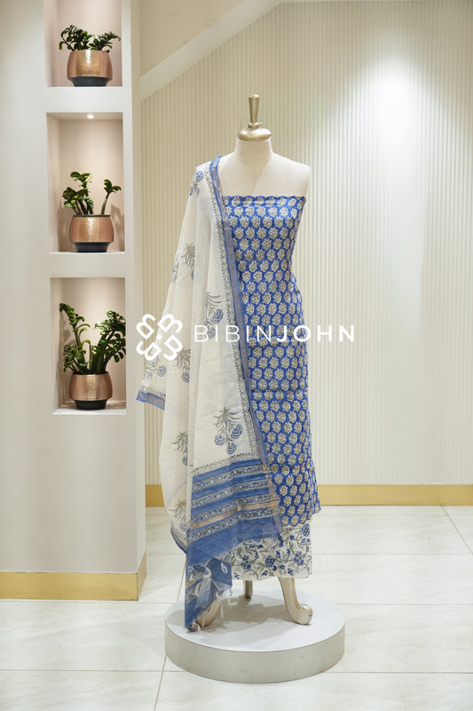 Printed Chanderi Unstitched Salwar Suit Material Royal Blue BJ2175