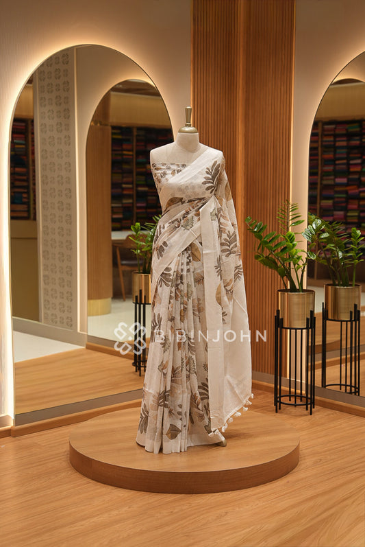 Printed Linen Saree For Women Ivory Cream BJ2184