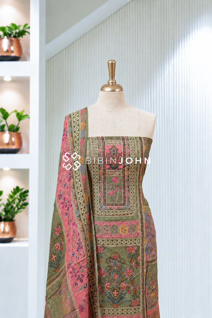 Printed Muslin Unstitched Salwar Suit Material Olive Green With Dusty Pink BJ1999