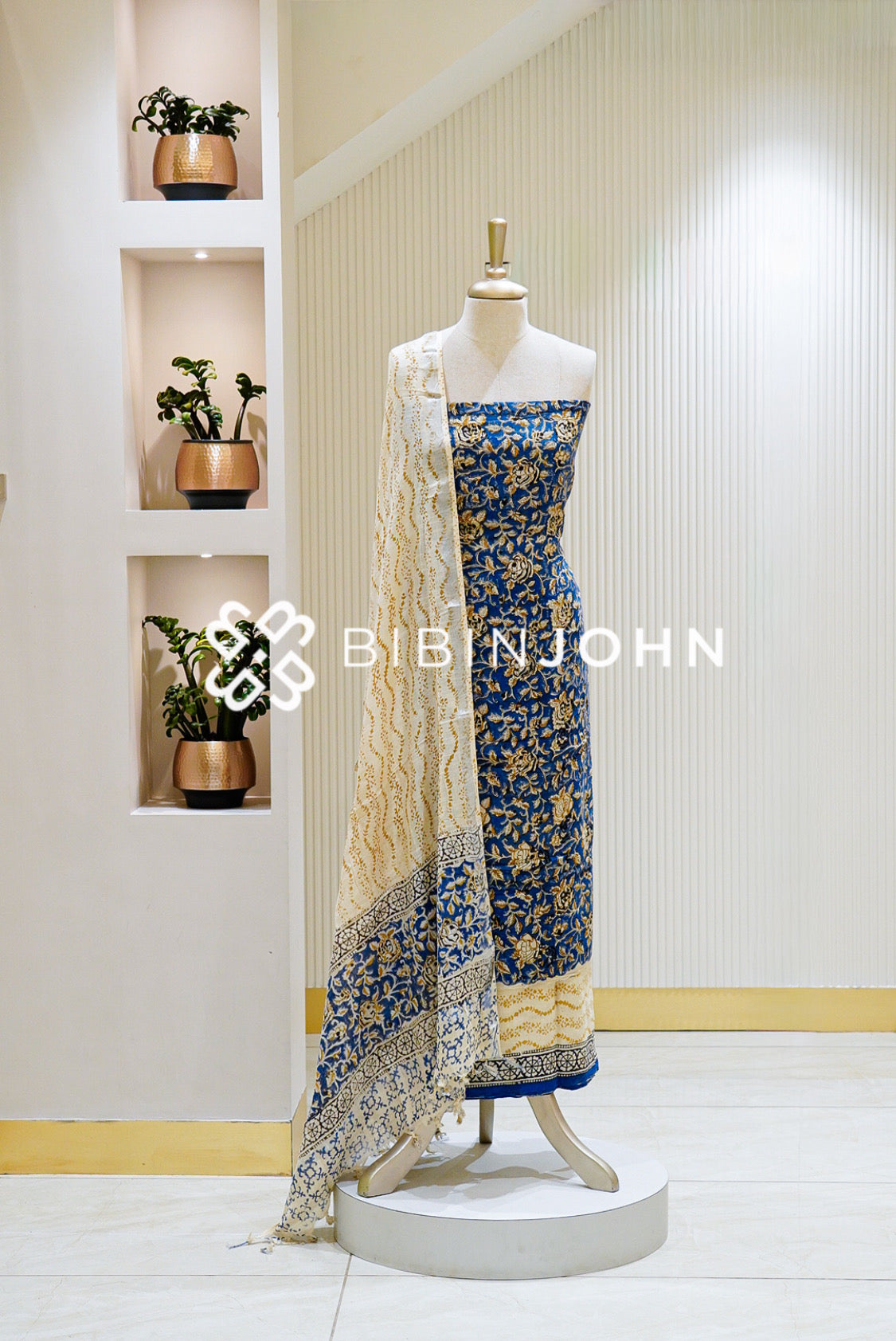 Cotton Linen Block Print Unstitched Salwar Suit Material Royal Blue BJ1125