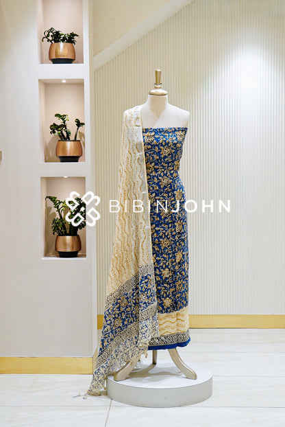 Cotton Linen Block Print Unstitched Salwar Suit Material Royal Blue BJ1125