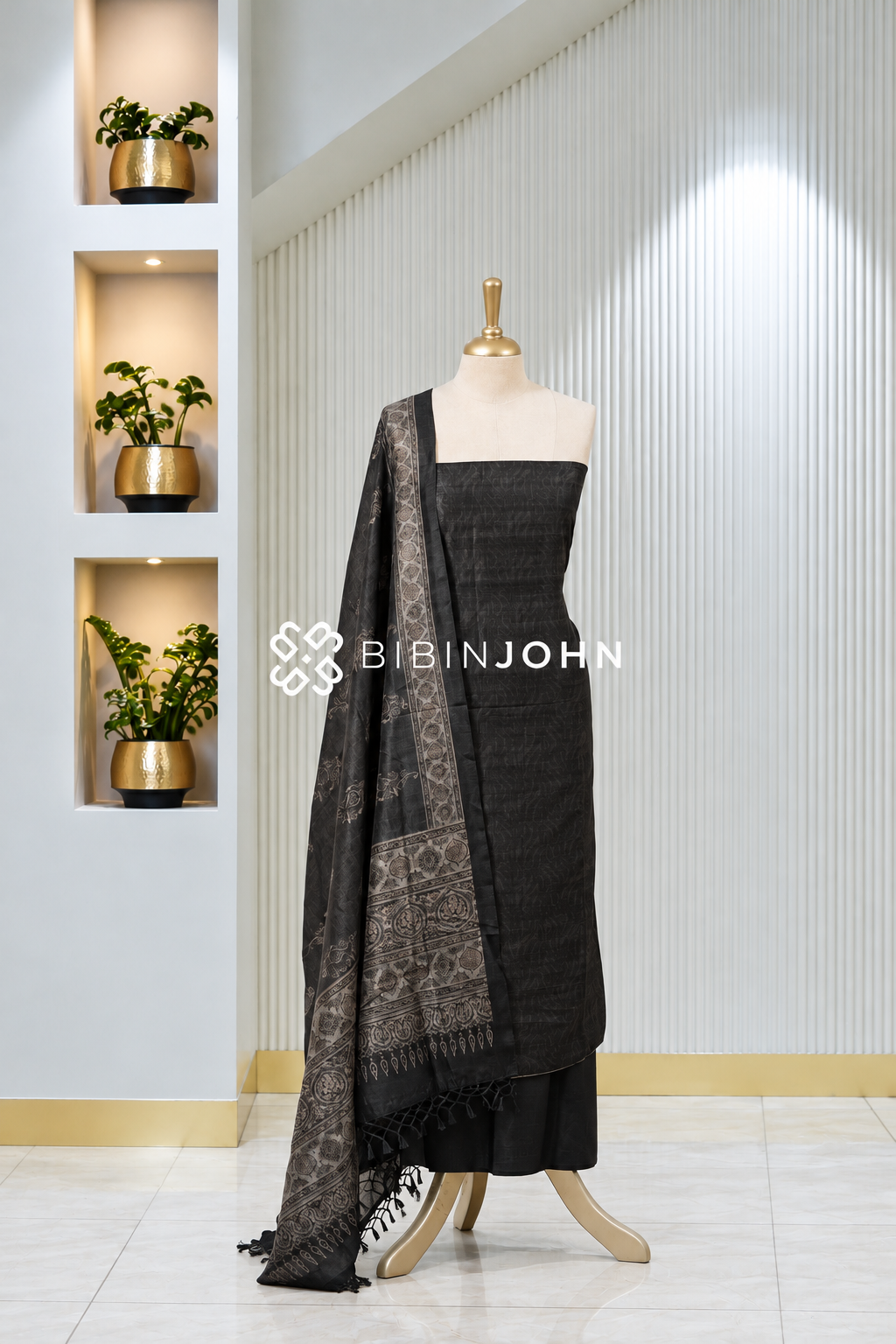 Printed Chanderi Unstitched Salwar Suit Material Charcoal Black BJ1962