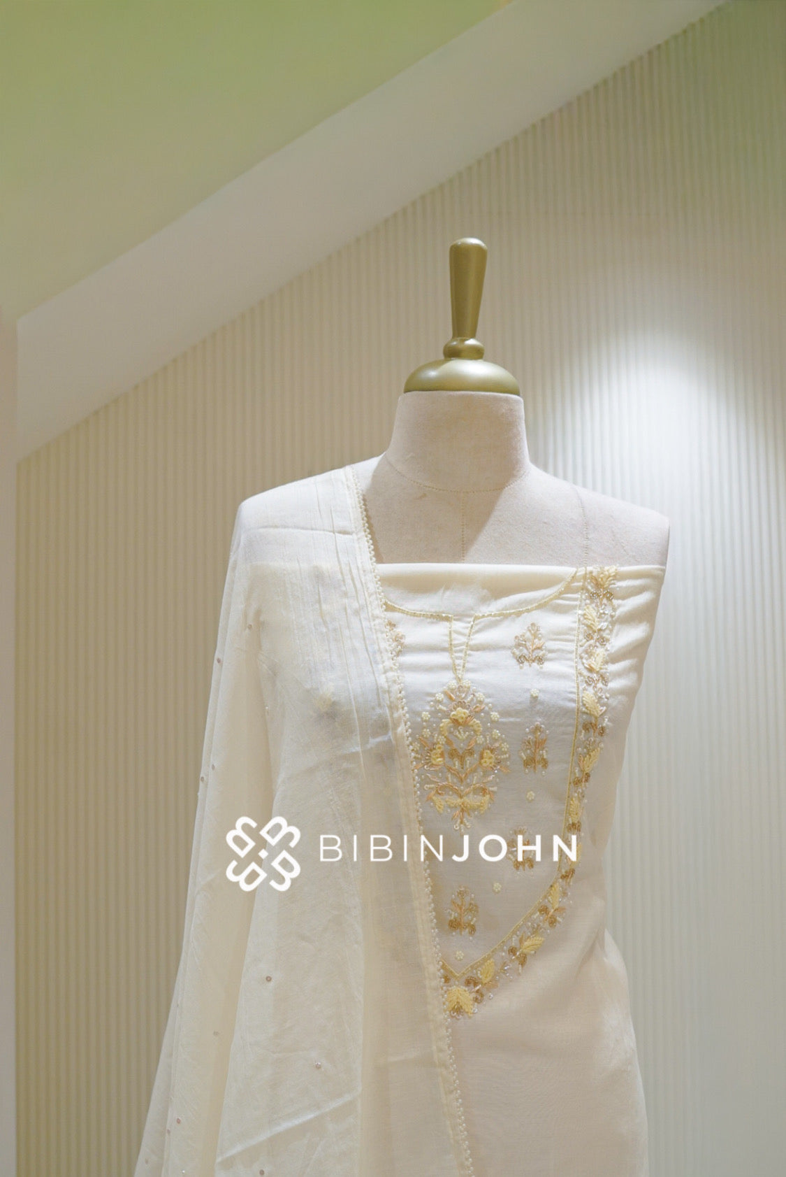Chanderi Embroidery Unstitched Salwar Suit Material Ivory White BJ2836