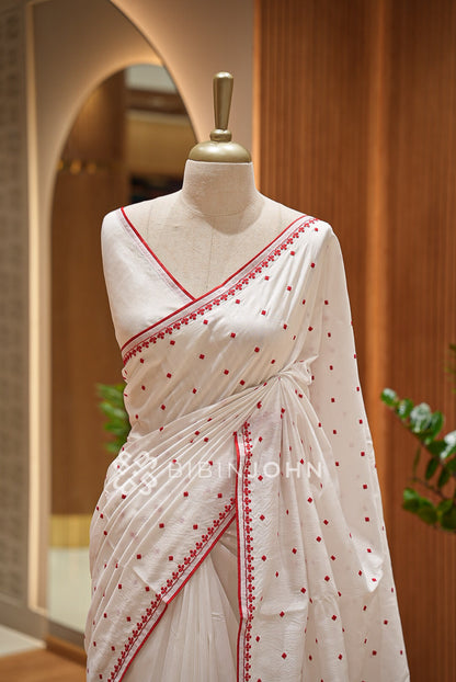 Silk Embroidery Saree Red & White BJ1023