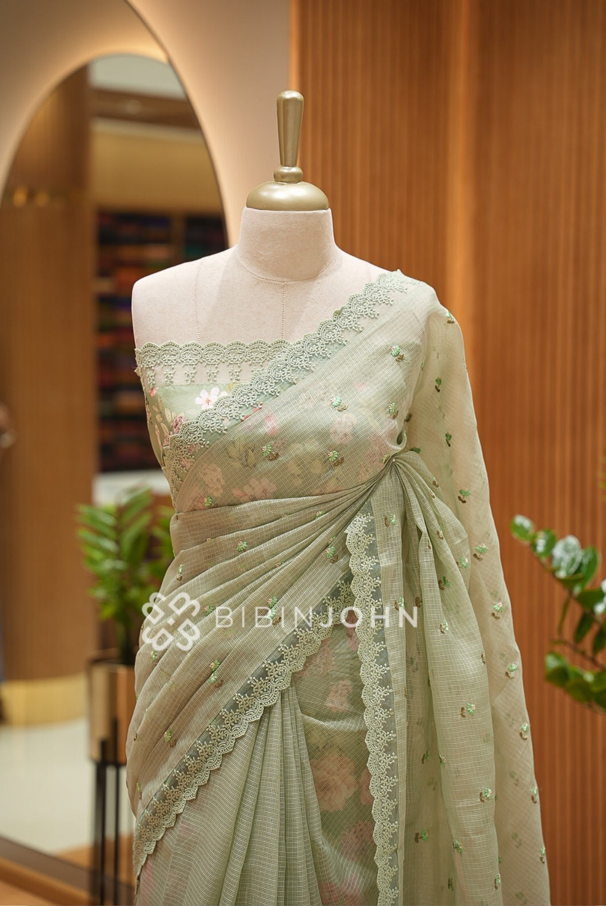 Cotta Embroidery Saree For Women Sage Green close view