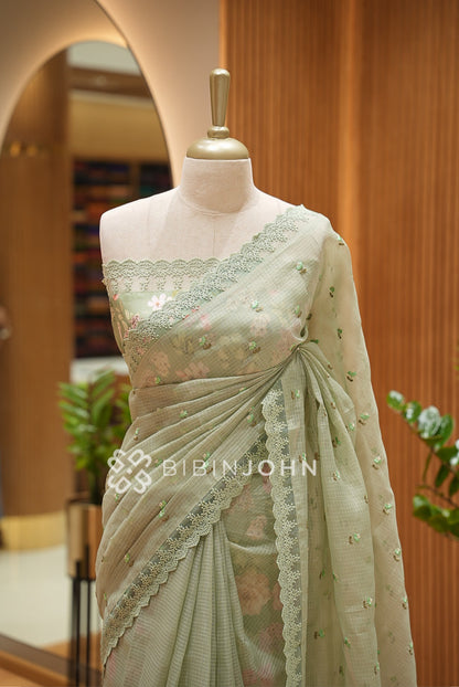 Cotta Embroidery Saree For Women Sage Green close view