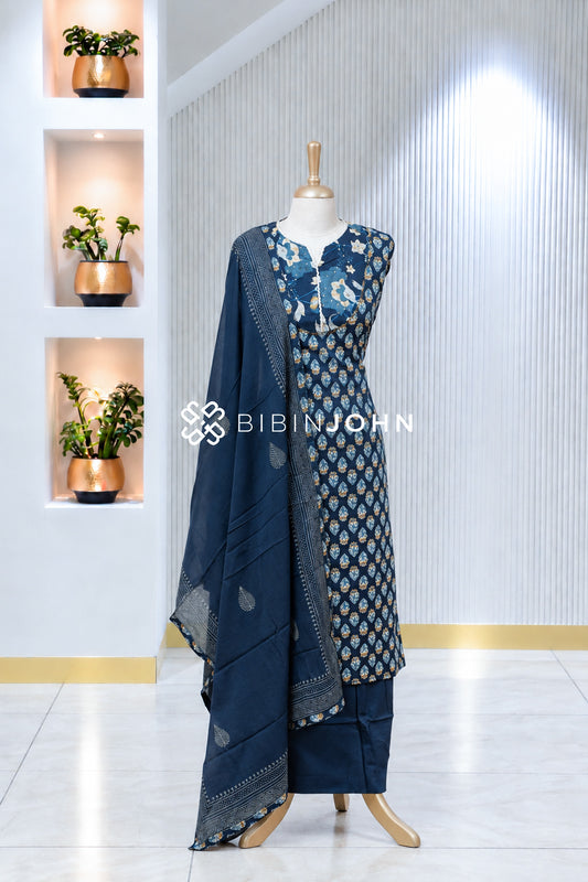 Semi Stitched Cotton Embroidery Salwar Suit Material Deep Navy Blue BJ1930