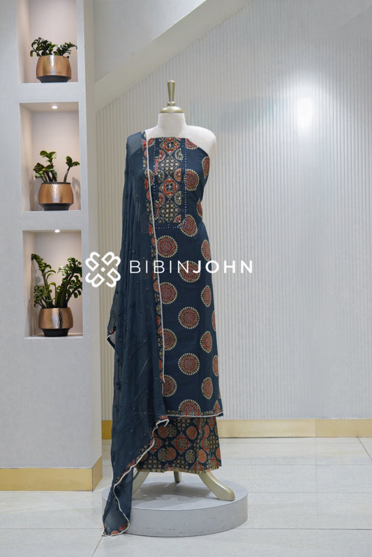 Cotton Embroidery Unstitched Salwar Suit Material Blue BJ2125