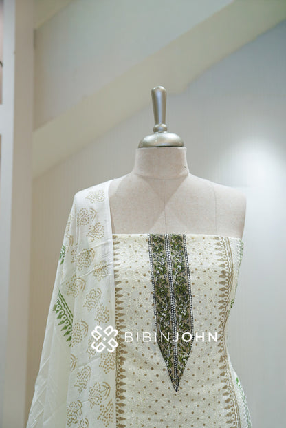 Cotton Hakoba Unstitched Salwar Suit Material Ivory White BJ2286