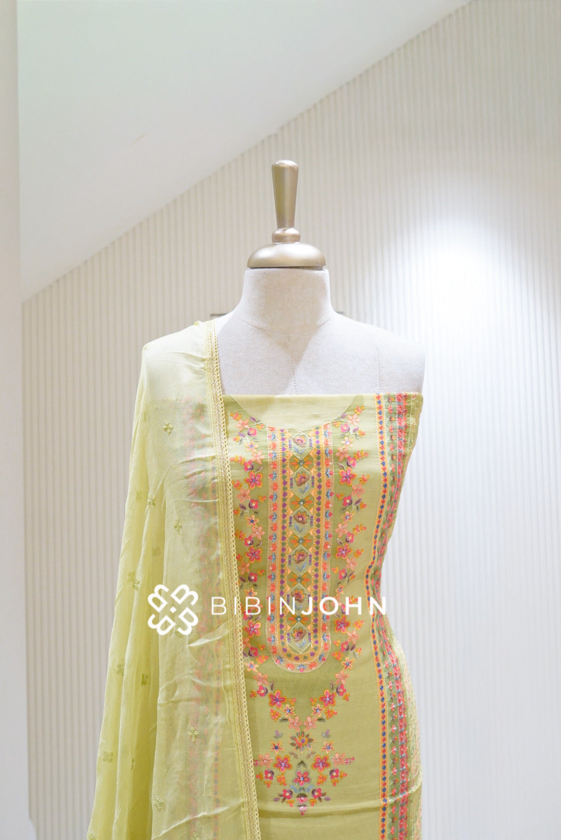 Organza Embroidery Unstitched Salwar Suit Material Pastel Lemon Yellow BJ1698
