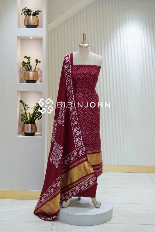 Semi Silk Batik Unstitched Salwar Suit Material Ruby Red BJ2157
