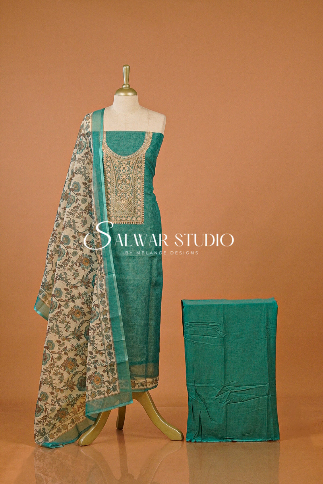 Silk Embroidery Unstitched Salwar Suit Dress Material Turquoise Blue AC0210