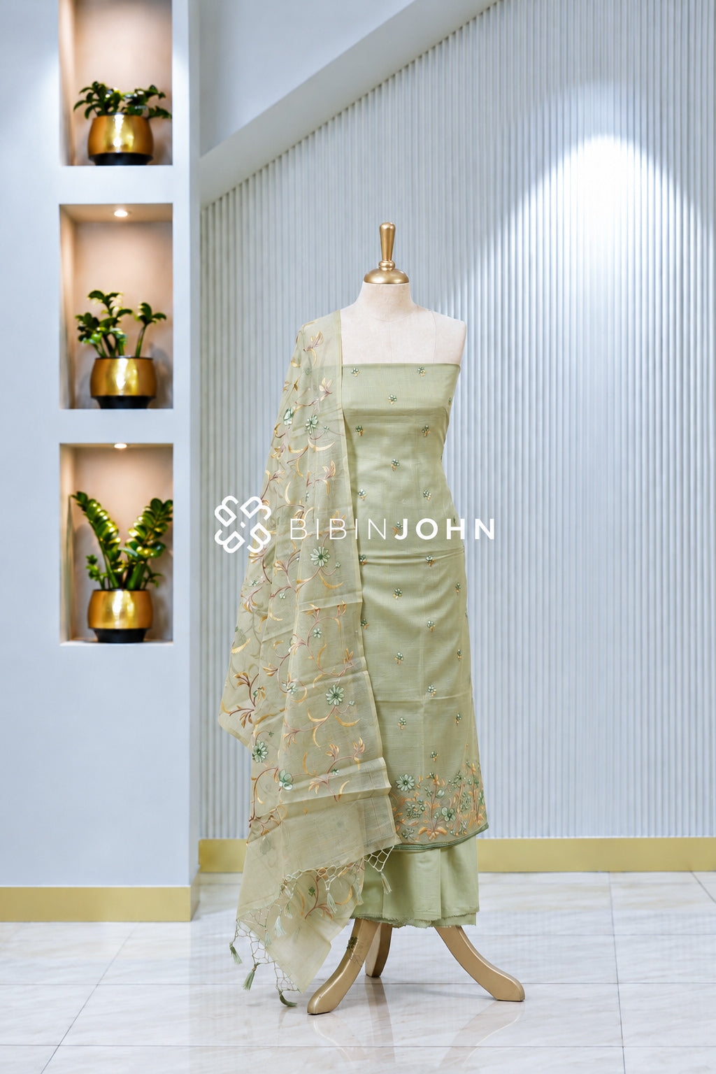 Cotta Embroidery Unstitched Salwar Suit Dress Material Sage Green  BJ1961