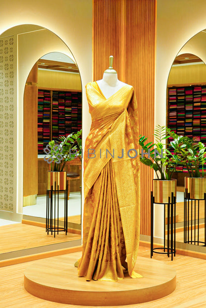 Satin Brocade Saree For Women Mustard Gold