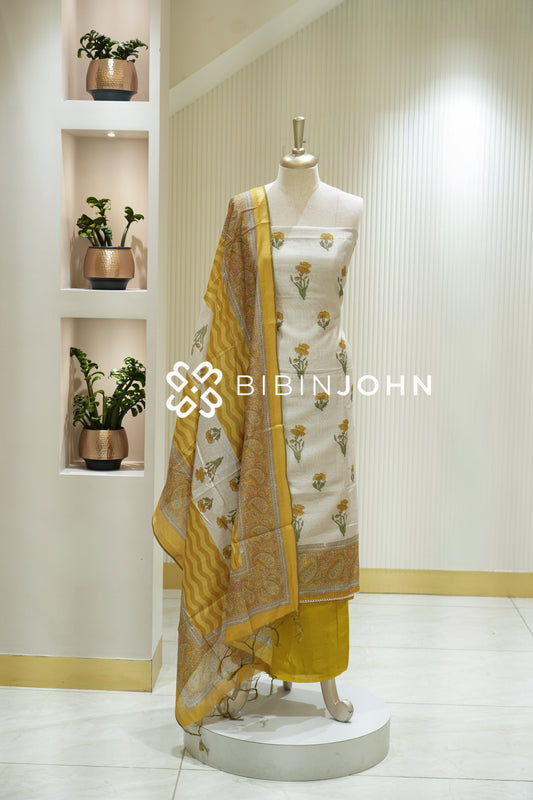 Chanderi Printed Unstitched Salwar Suit Materials  Ivory with Mustard Yellow  BJ2216