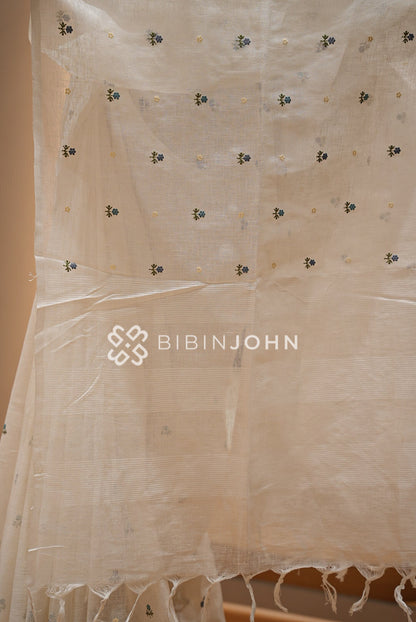 Linen Embroidery Saree Ivory-White BJ0942