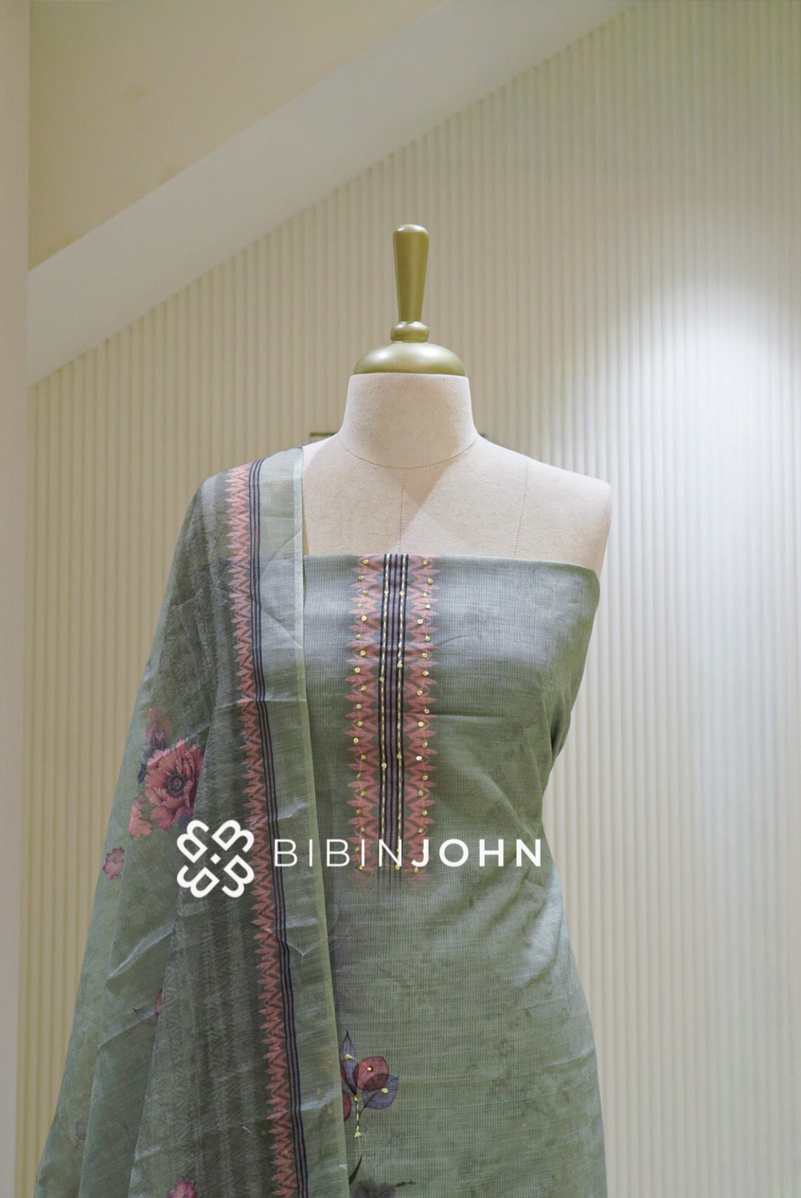Printed Linen Cotton Embroidery Unstitched Salwar Suit Material Sage Green BJ2611