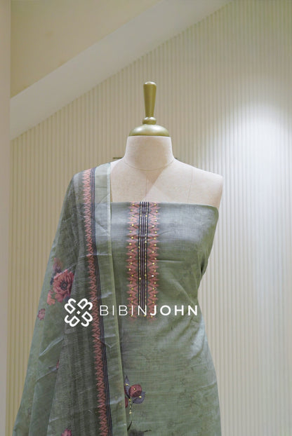 Printed Linen Cotton Embroidery Unstitched Salwar Suit Material Sage Green BJ2611