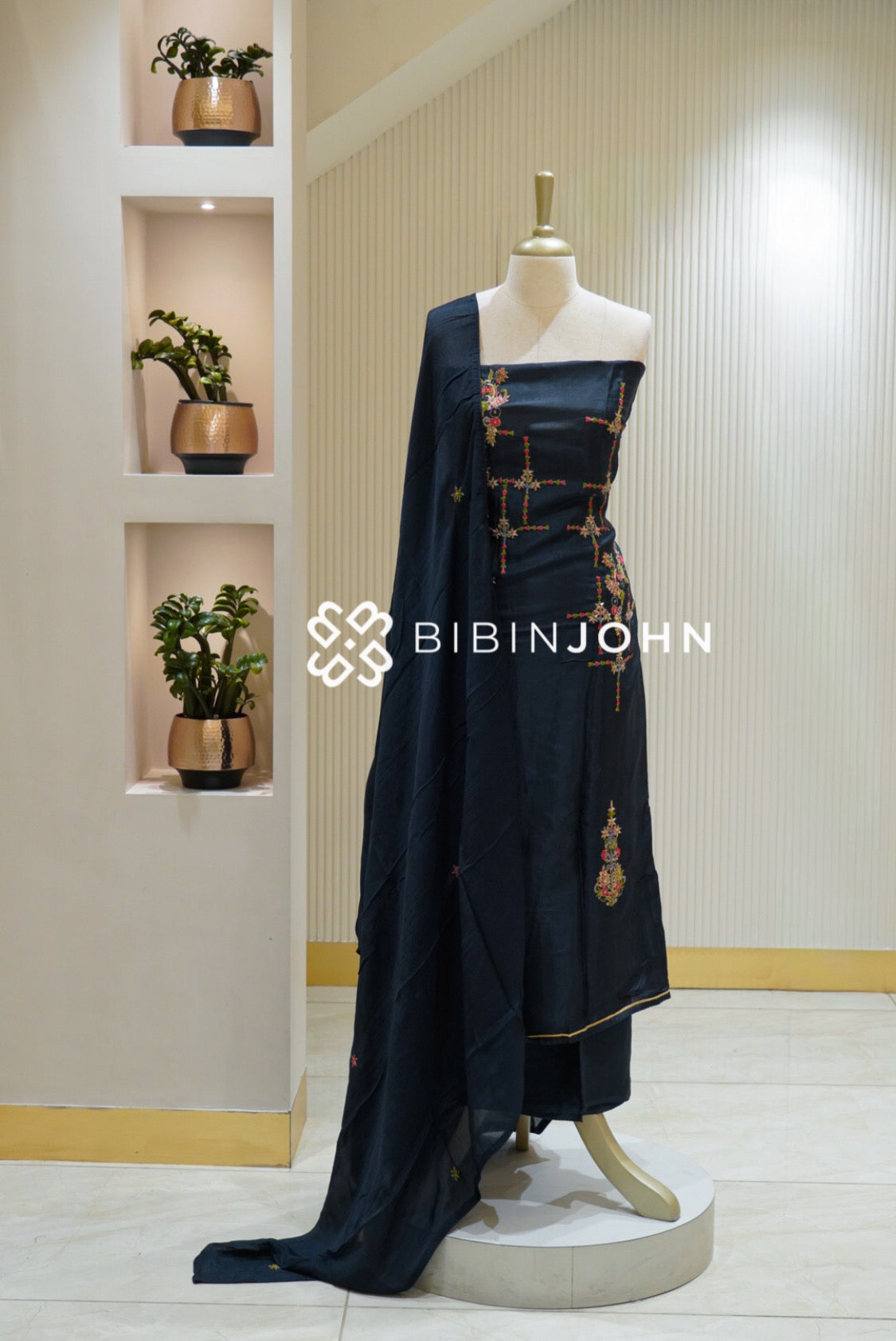 Semi Silk Embroidery Unstitched Salwar Suit Material Deep Navy Blue BJ2732