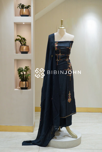 Semi Silk Embroidery Unstitched Salwar Suit Material Deep Navy Blue BJ2732