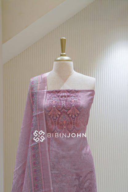 Printed Linen Cotton Embroidery Unstitched Salwar Suit Material Dusty Rose Pink BJ2613