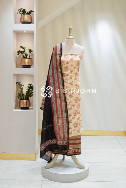 Printed Chanderi Unstitched Salwar Suit Material Ivory Cream BJ1952