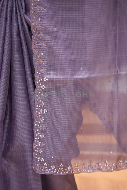 Cotta Embroidery Saree For Women Lavender-Grey  pallu