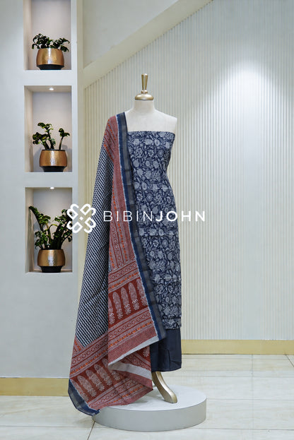 Printed Chanderi Unstitched Salwar Suit Material Indigo Blue BJ1794
