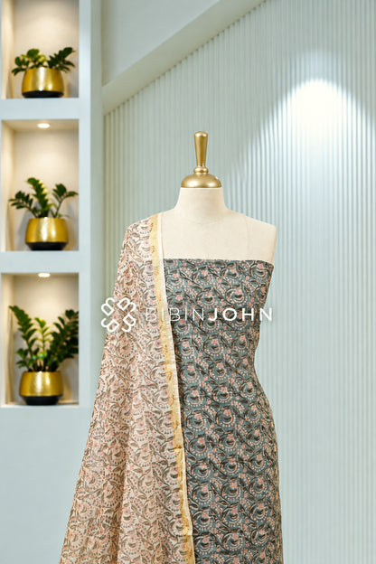 Printed Chanderi Unstitched Salwar Suit Material Dusty Teal Green BJ1959