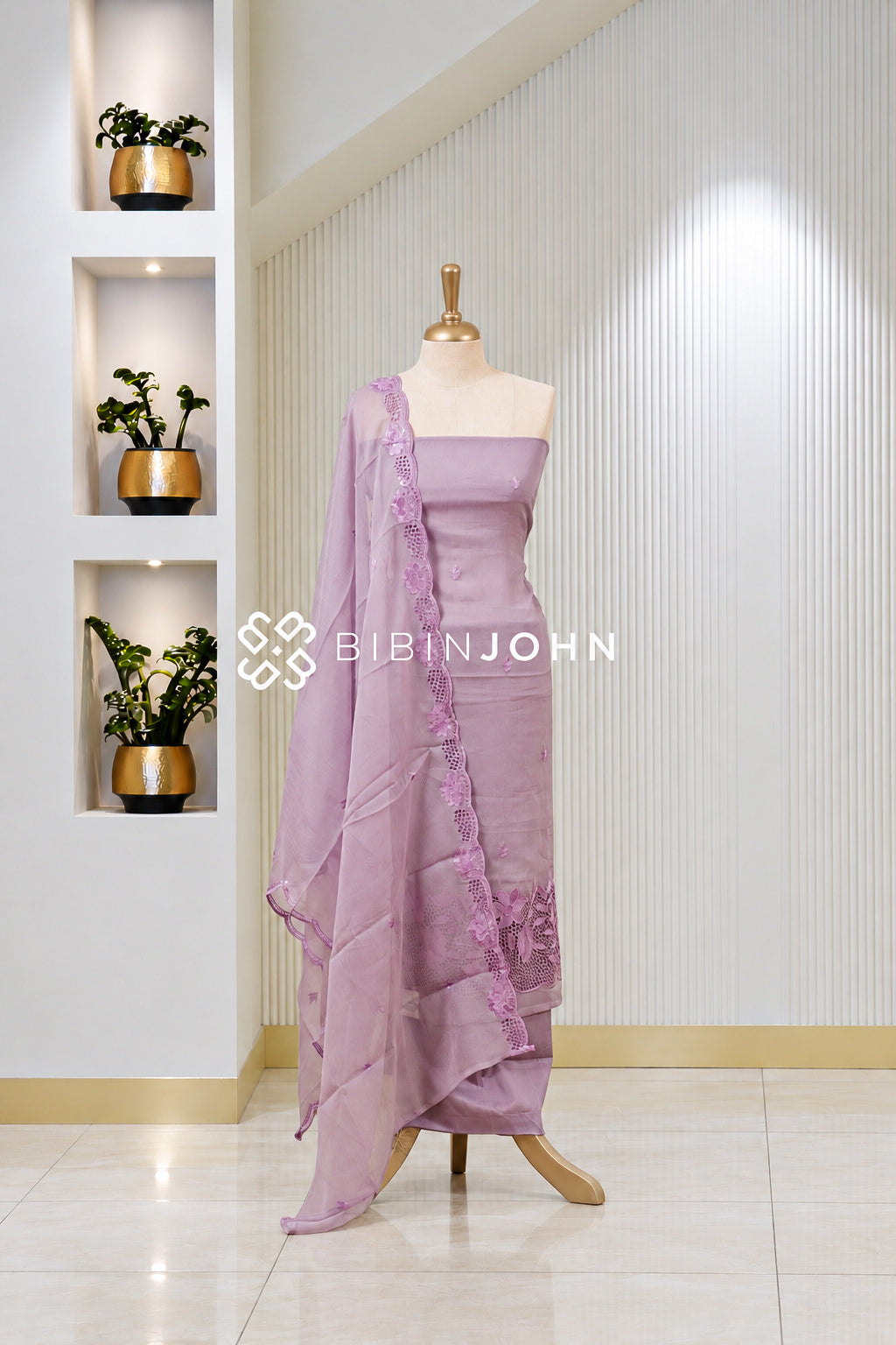 Crushed Organza Cutwork Unstitched Salwar Suit Material Lavender Purple BJ1834
