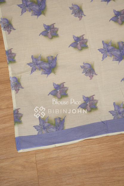 Printed Cotton Saree For Women Cream With Pastel Lavender BJ2537