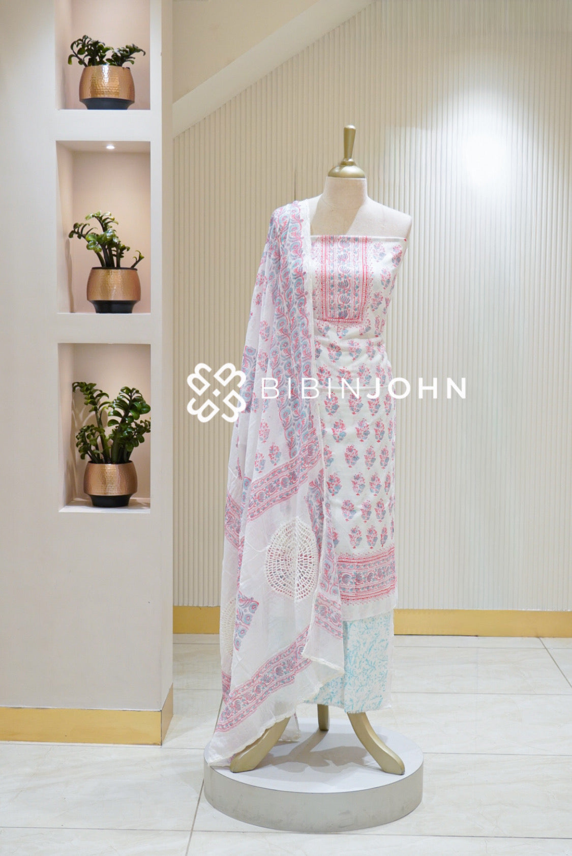 Printed Cotton Unstitched Salwar Suit Material Off White With Baby Pink  BJ2814