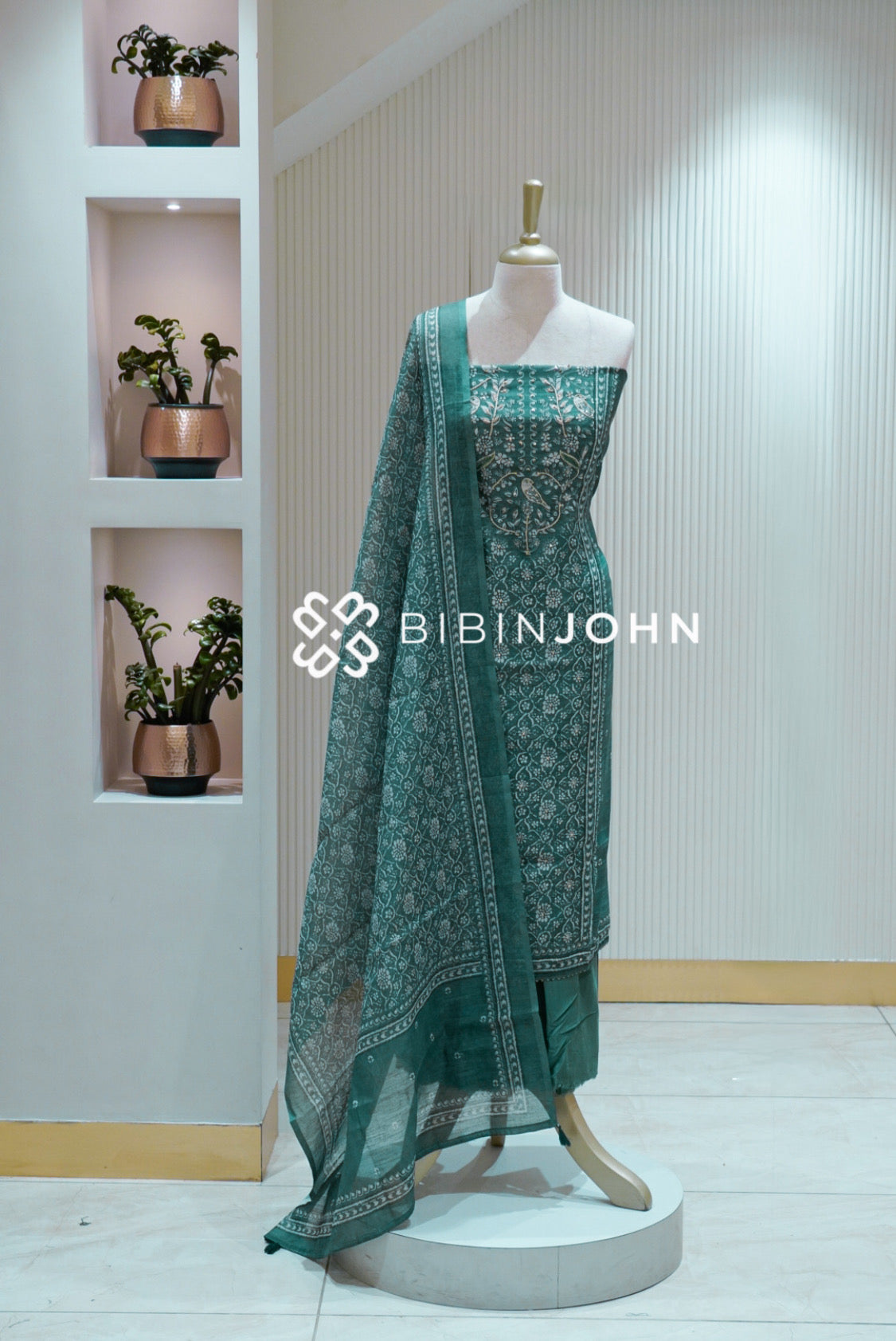 Semi Linen Printed Embroidery Unstitched Salwar Suit Material Deep Teal Green BJ2524