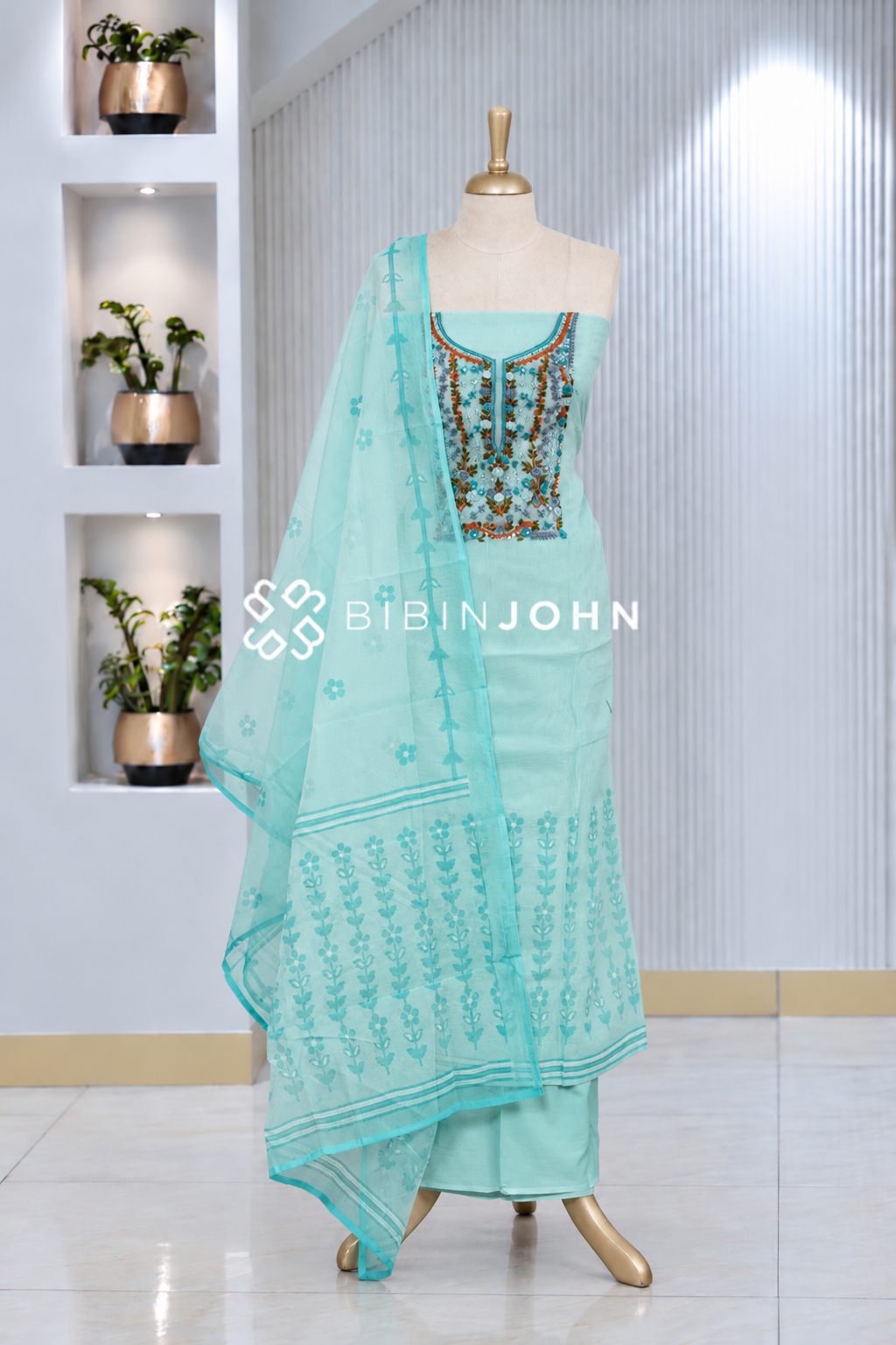 Cotta Embroidery Unstitched Salwar Suit Material Pastel Aqua Blue BJ2069