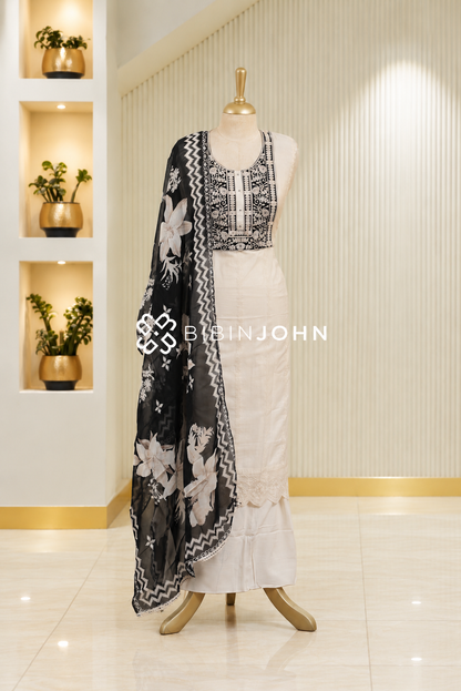 Semi Stitched Chanderi Embroidery Salwar Suit Material Ivory White with Black BJ1840