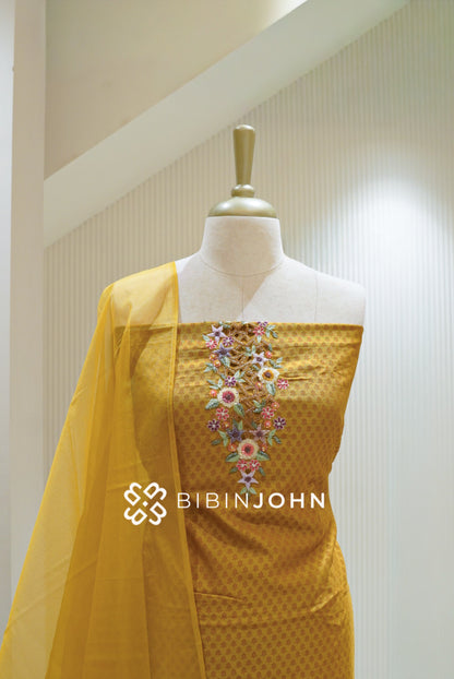 Chanderi Embroidery Unstitched Salwar Suit Material Mustard Yellow BJ1888