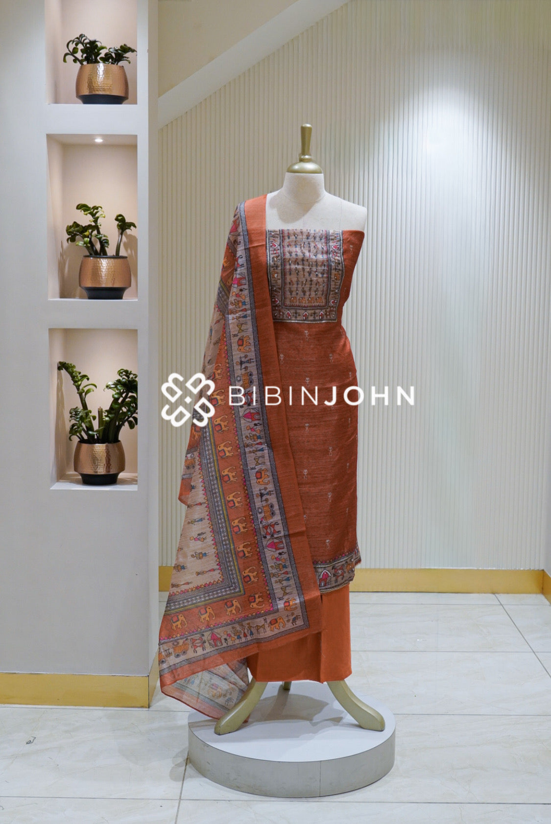 Semi Silk Embroidery Unstitched Salwar Suit Material Rust Orange BJ2517