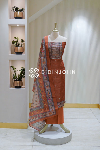 Semi Silk Embroidery Unstitched Salwar Suit Material Rust Orange BJ2517