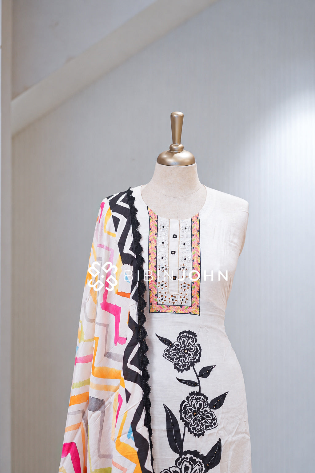 Semi stitched Muslin Salwar Suit Material  Ivory White With Black BJ2022