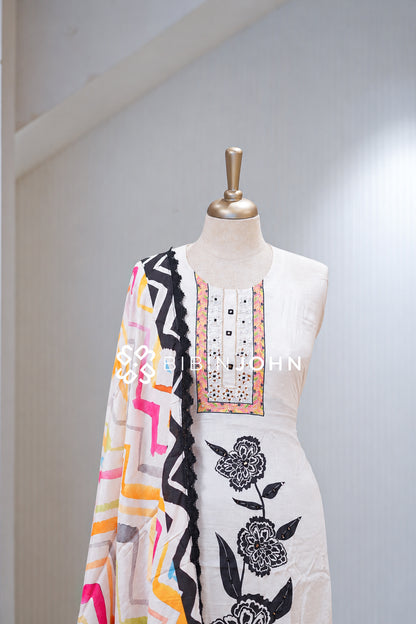 Semi stitched Muslin Salwar Suit Material  Ivory White With Black BJ2022