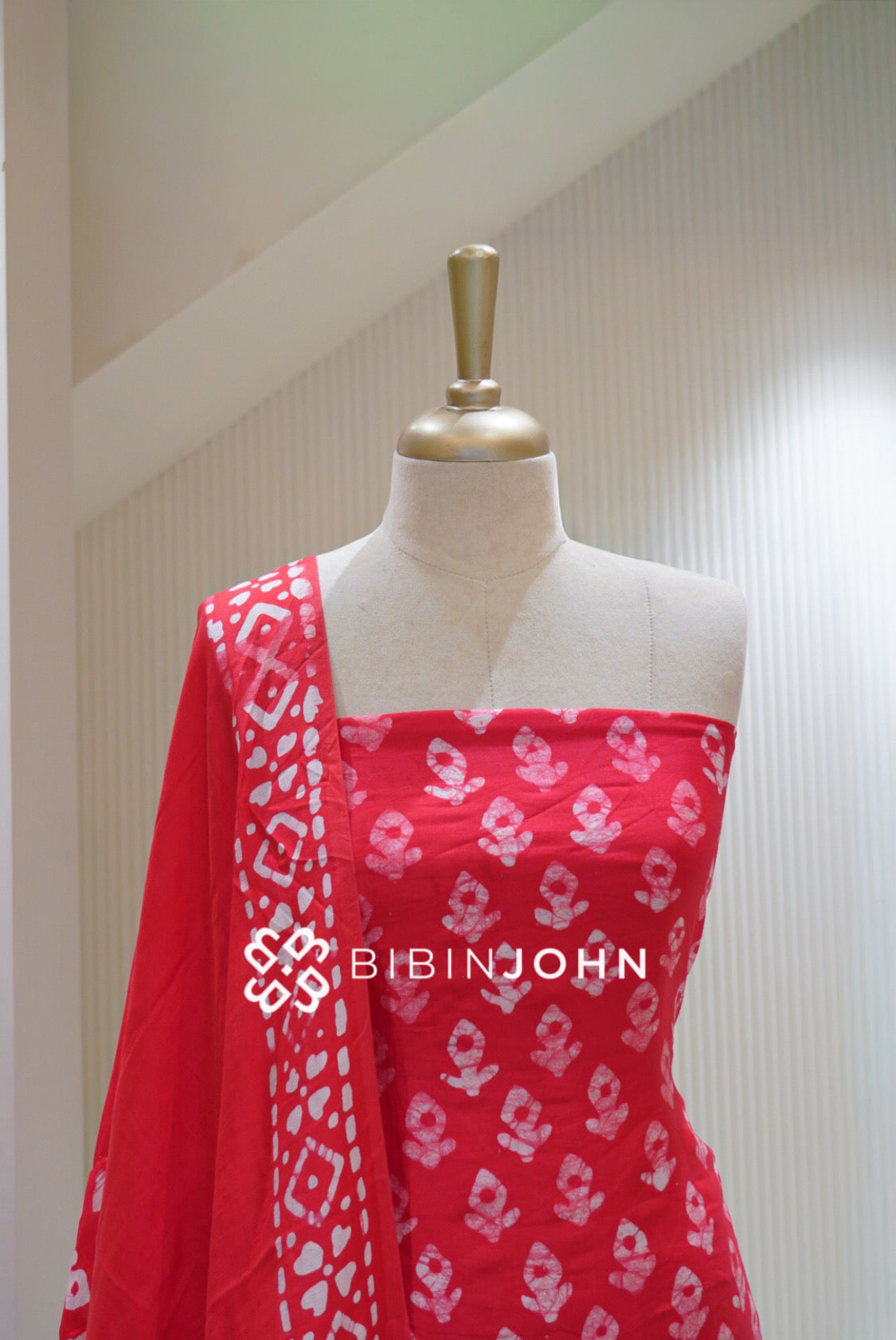 Semi Silk Batik Printed Salwar Suit Material Vermilion Red BJ2161